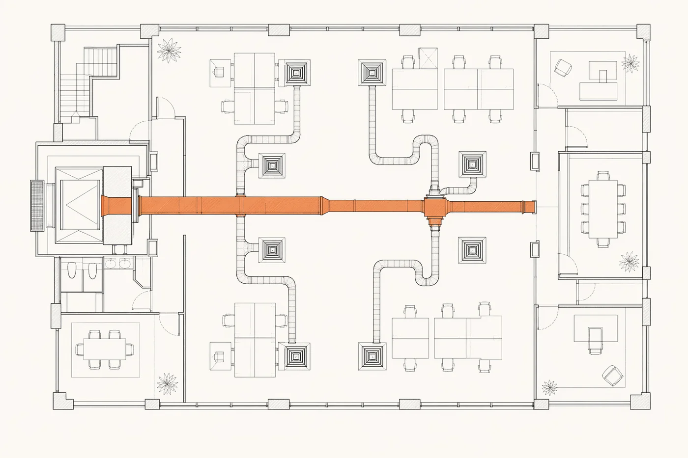 HVAC ductwork reflected ceiling plan line drawing with the main trunk duct highlighted