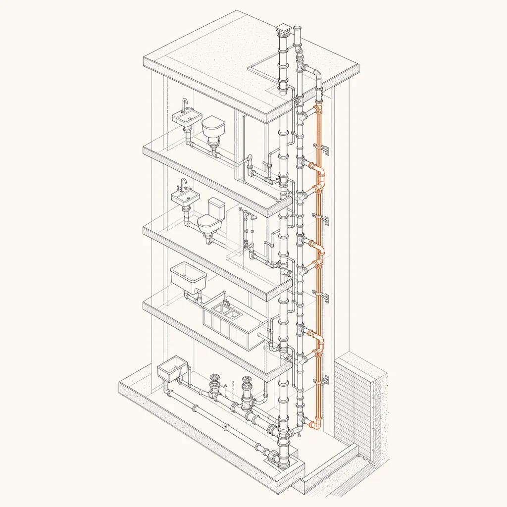 Isometric plumbing riser diagram line drawing with one pipe run highlighted