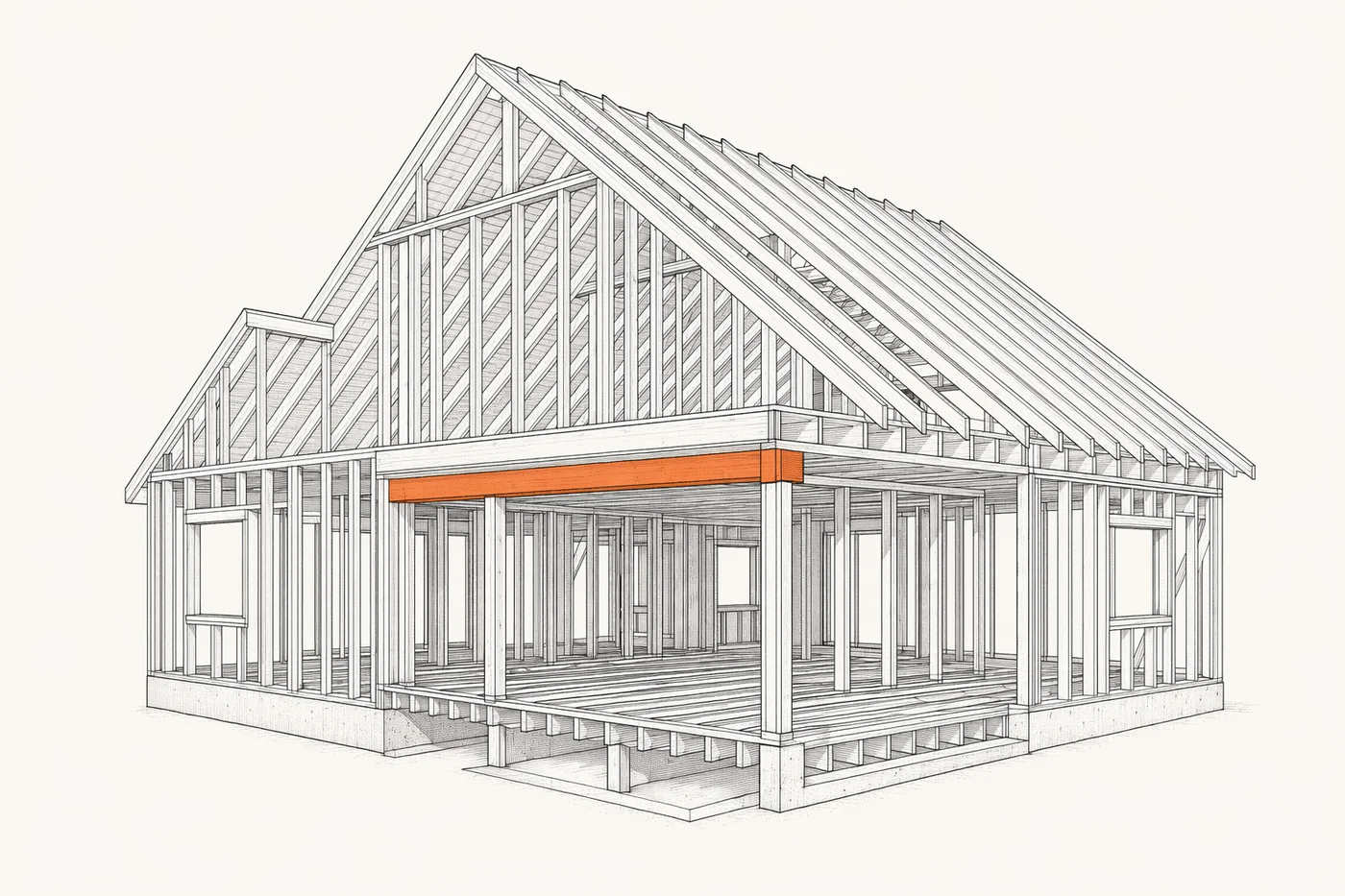 Line drawing of a wood-framed house structure for framing takeoff, load-bearing beam highlighted