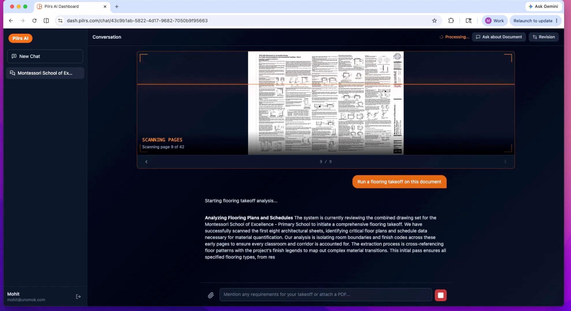 Pilars AI analyzing flooring plans and schedules from the scanned drawing set
