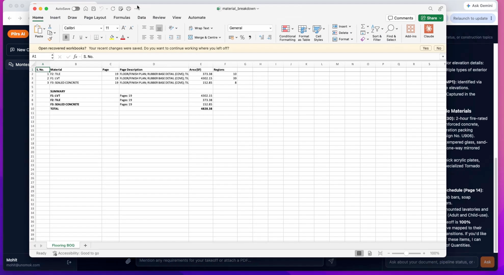 The exported Pilars bill of quantities open in Microsoft Excel with line items and quantities
