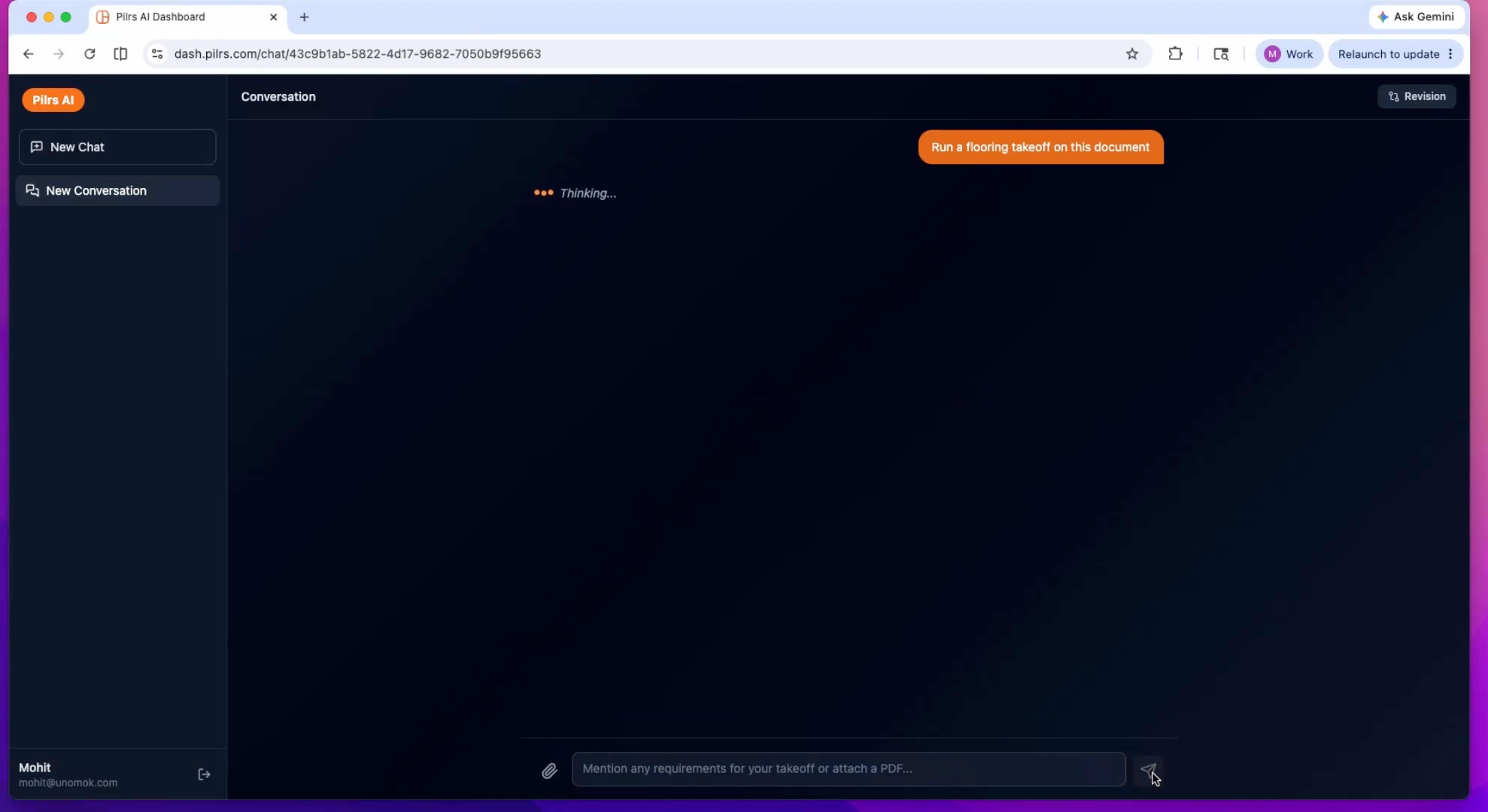 The Pilars dashboard conversation view, where you attach a PDF drawing set and tell the AI what takeoff you need.